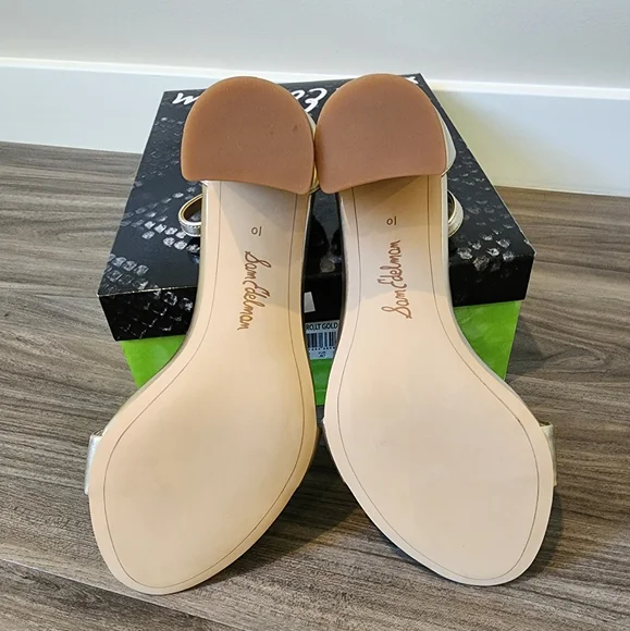 New in original box, Sam Edelman Yaro light gold leather block heels, size 10 - Picture 5 of 12